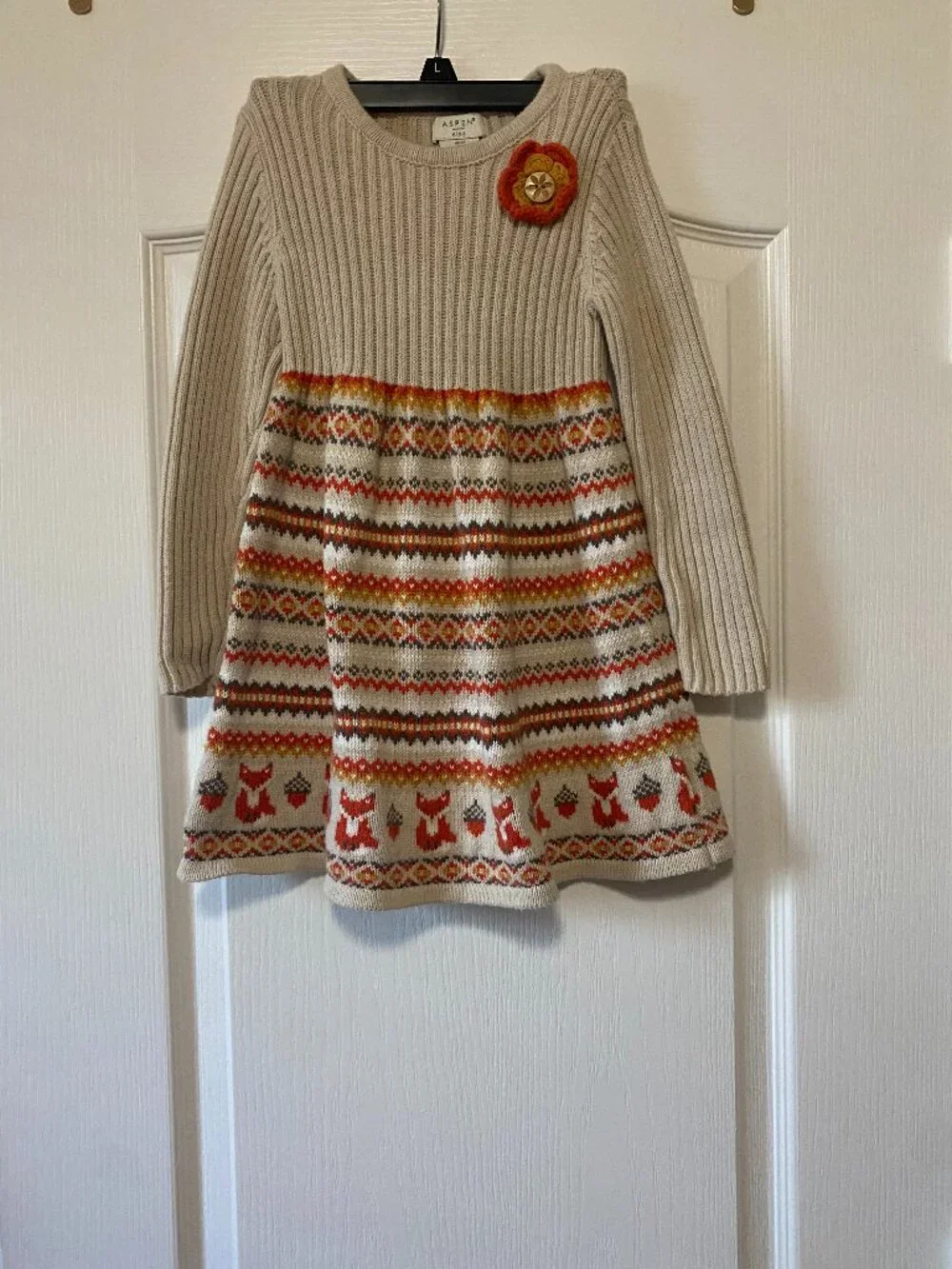 Aspen Kids Girl Novelty Fox Fair Isle Autumn Knit Sweater Dress 4T